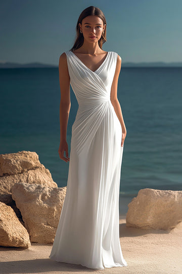 Elegant White Ruched V Neck Chiffon Beach Dress